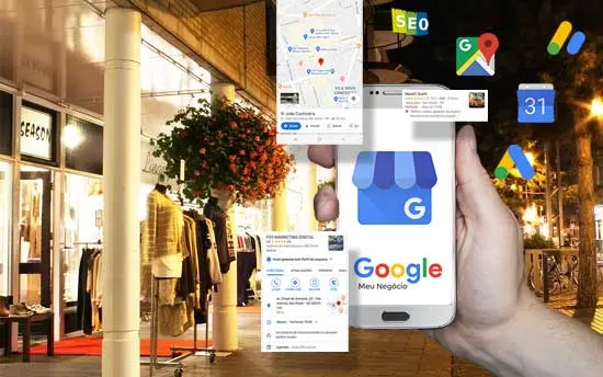 Estratégias de Marketing Local Tela do celular mostrando o logo do Google Meu Negócio dentro de um shopping center